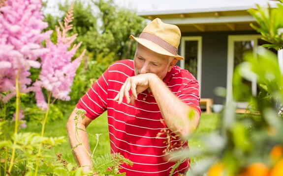 Älterer Herr im eigenen Garten mit dem Handrücken an der Nase die anscheinend durch Pollenallergie kribbelt