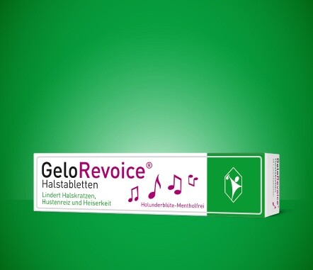 Packshot - GeloRevoice® bei Heiserkeit; Geschmacksrichtung Holunderblüte